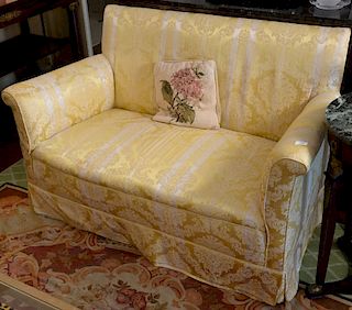 Pair of custom upholstered loveseats. 
height 33 1/2 inches, width 52 inches 
***If this lot is not picked up on Sat. 9/22, Sun. 9/2...
