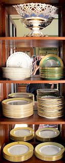 Sixty-seven piece lot having a group of porcelain plates including Royal Crown Derby, Booths, glass painted plates, seventeen Coalpo...