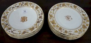 Nine piece porcelain lot of plates and bowls with high relief gold. 
diameter 9 1/2 inches 
***If this lot is not picked up on Sat. ...