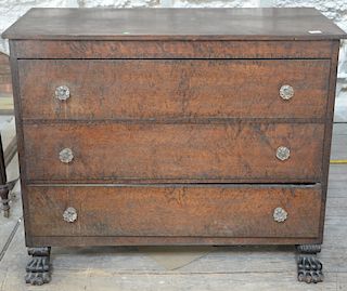 Empire three drawer chest with birdseye maple drawer fronts on paw feet, circa 1840. 
height 37 inches, width 45 1/2 inches, depth 2...