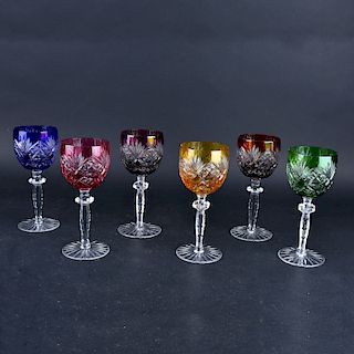 Six Bohemian Style Colored Cut Glass Goblets