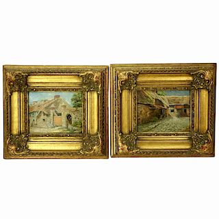 Pair of Antique Oil on Canvasboard, Villages Scene