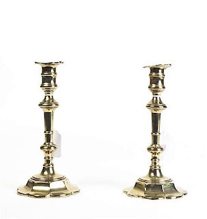 A Pair of Brass Candlesticks, Anderson Brass Foundry, Height 9 inches.