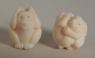 2 Carved ivory Ojime by Akira Kawahara