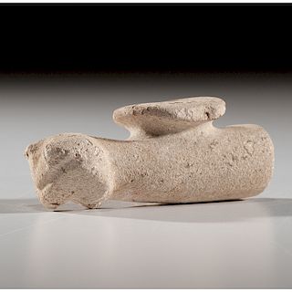 Limestone Owl Effigy Disc Pipe, From the Collection of Jan Sorgenfrei, Ohio