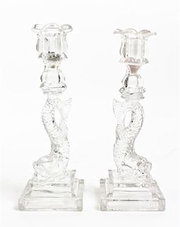 Two American Molded Glass Candlesticks, Height 10 inches.