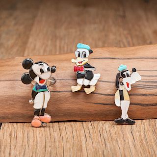 Veronica Poblano (Zuni, b. 1951) Silver Inlay Mickey Mouse Ring PLUS Goofy and Donald Duck Pendants