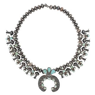Heavy Navajo Silver and Turquoise Squash Blossom Necklace, From the Collection of William H. Saunders, M.D. and Putzi Saunders, Ohio