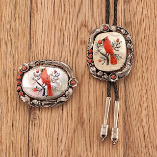 Tom Willeto (Dine, 20th century) Navajo Inlaid Silver Cardinal Bolo Tie and Belt Buckle Set