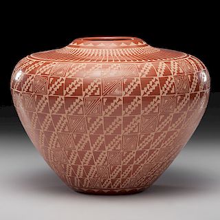 Alvina Yepa (Jemez, b. 1954) Award Winning Redware Sgraffito Pottery Jar, From the Collection of William H. Saunders, M.D. and Putzi Saunders, Ohio