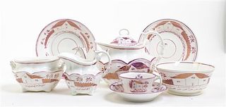 An English Lusterware Partial Tea Service, Width of first over handle 11 1/4 inches.