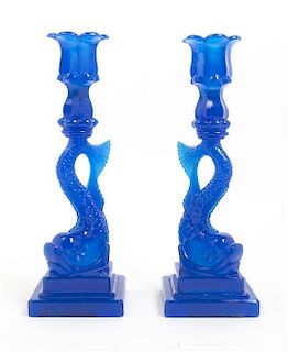 A Pair of American Molded Glass Candlesticks, Height 10 3/4 inches.