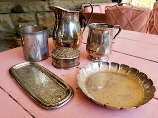 Group of silver to include sterling dish, round box, Lunt sterling Peter Van Dyck mug "To Dear Margie From Edmee and Jerry", small t...
