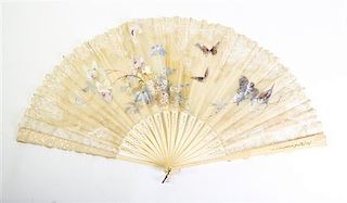 A French Painted Silk Fan, Length of fan 14 inches.