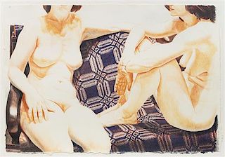 Philip Pearlstein, (American, b. 1924), Two Nudes on Blue Coverlet, 1977