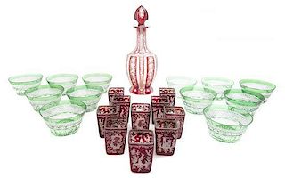 A Bohemian Glass Liquor Service, Height of first 10 1/2 inches.