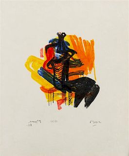 Henry Moore, (British, 1898-1986), Black Seated Figure on Orange Ground, 1966