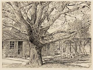 Childe Hassam, (American, 1859-1935), Oak and Old House in Spring, 1931