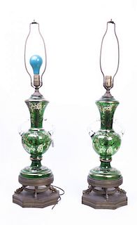 A Pair of Italian Glass Table Lamps, Height overall 35 1/4 inches.