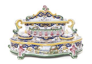 A Continental Faience Inkstand, Width 11 1/4 inches.