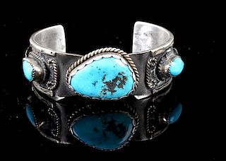 Navajo Sterling Silver Turquoise and Coral Cuff