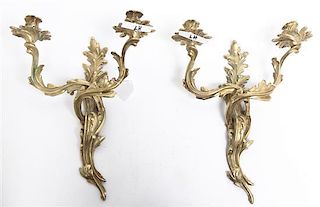 A Pair of American Louis XV Style Gilt Metal Two Light Sconces, Glomar, Height 17 inches.