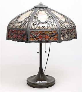 An American Slag Glass Paneled Lamp, Height 22 inches.