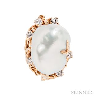 18kt Gold, Baroque Pearl, and Diamond Ring, Arthur King