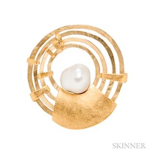 24kt and 18kt Gold and Baroque South Sea Pearl Brooch, Nancy Michel, Janiye