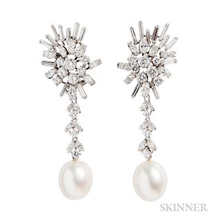 18kt White Gold, Cultured Pearl, and Diamond Day/Night Earrings