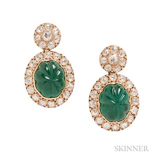 18kt Gold, Carved Emerald, and Diamond Earrings