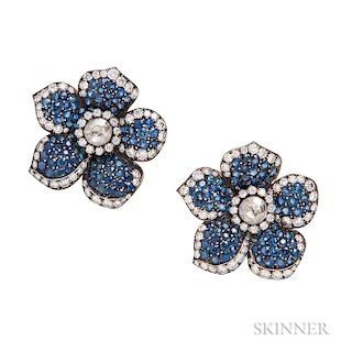 Sapphire and Diamond Flower Earclips, Evelyn Clothier
