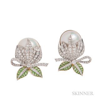 18kt Gold, Mabe Pearl, Plique-a-Jour Enamel, and Diamond Earclips, Evelyn Clothier