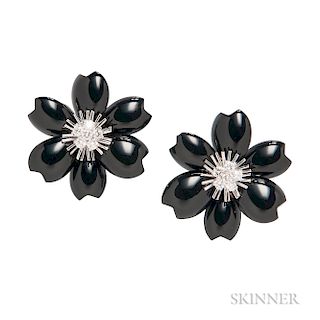 18kt White Gold, Onyx, and Diamond Flower Earclips
