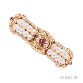 18kt Gold, Cultured Pearl, Diamond, and Ruby Bracelet