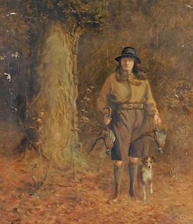 1919 English Female Pheasant Hunter & Dog Painting