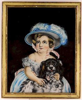 19C American Victorian Young Girl & Dog Portrait