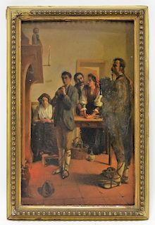 Italian Interior Fireplace Family Genre Painting