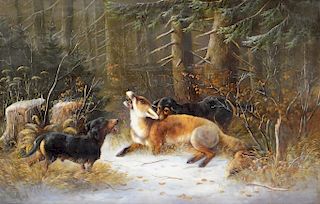 Moritz Muller O/C Dachshund Dog Fox Hunt Painting