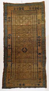 19C. East Turkestan Blue Tan Geometric Carpet Rug