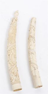Two African Ivory Tusks, Length of longer 12 3/4 inches.