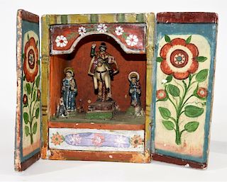 Mexican Carved Painted Wood Reliquary Santos Box