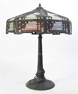 An American Slag Glass Table Lamp, Height 24 1/2 x diameter of shade 18 1/4 inches.