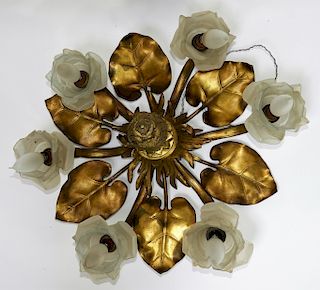 Gilt Brass Lotus Leaf Frosted Glass Chandelier
