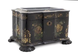 A Victorian Lacquered Tea Caddy, Height 5 1/4 x width 7 3/4 x depth 5 1/2 inches.