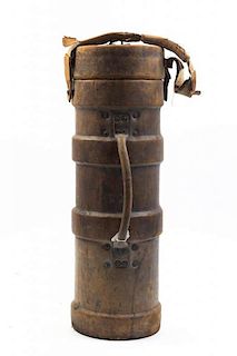 An English Leather Artillery Canister, Height 26 5/8 inches.