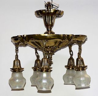 19C Stamped Brass Iridescent Glass 5 Light Fixture