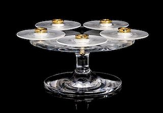 A Lalique Molded and Frosted Glass Five-Light Candelabra, Height 4 x diameter 9 1/2 inches.