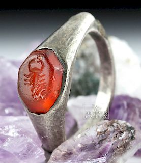 Roman Silver & Carnelian Intaglio Ring - Scorpion 6.4 g
