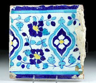 19th C. Persian Glazed Pottery Tile - Flowers